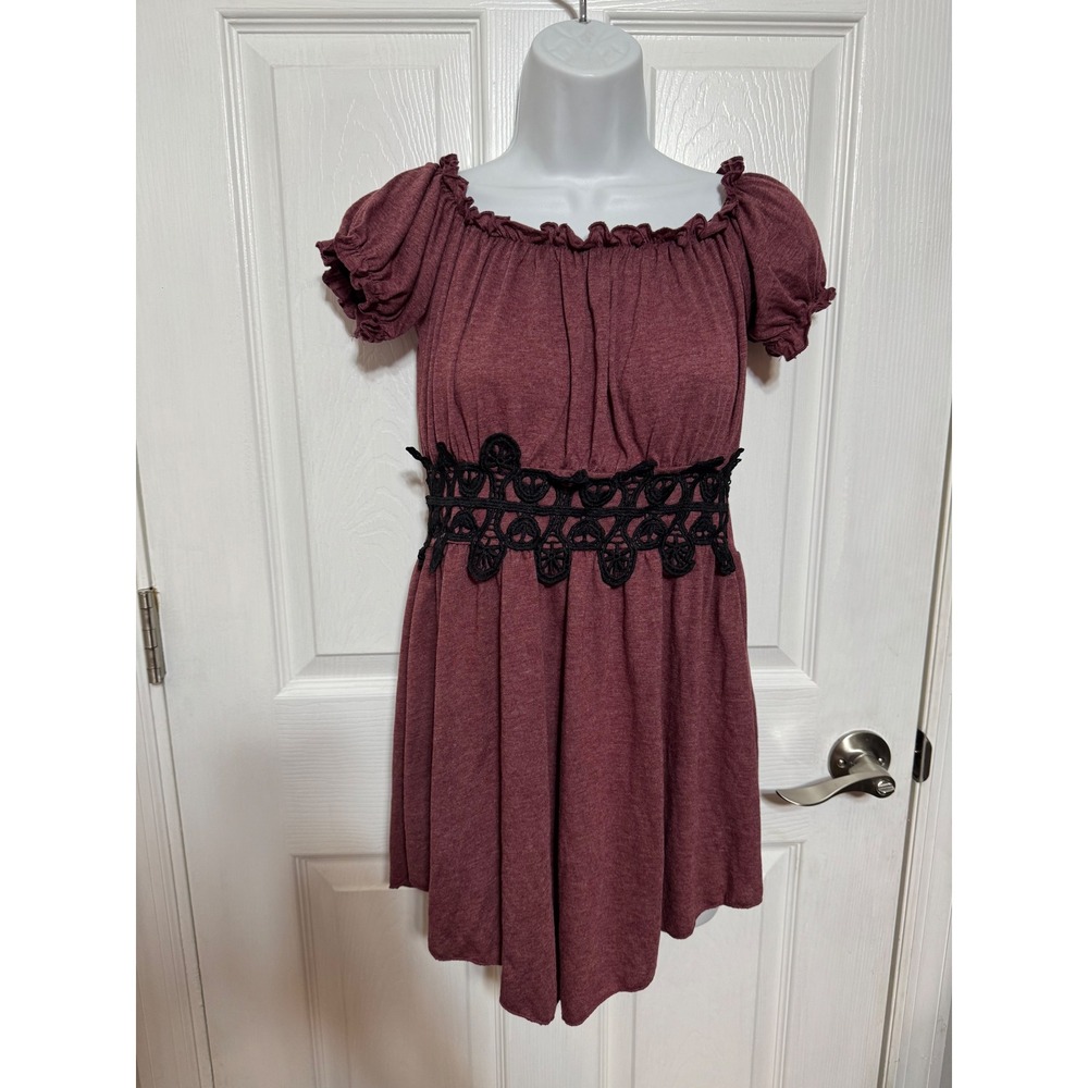 SMYS Burgundy Off The Shoulder shirt Black Crochet Lace Waist Boho Small